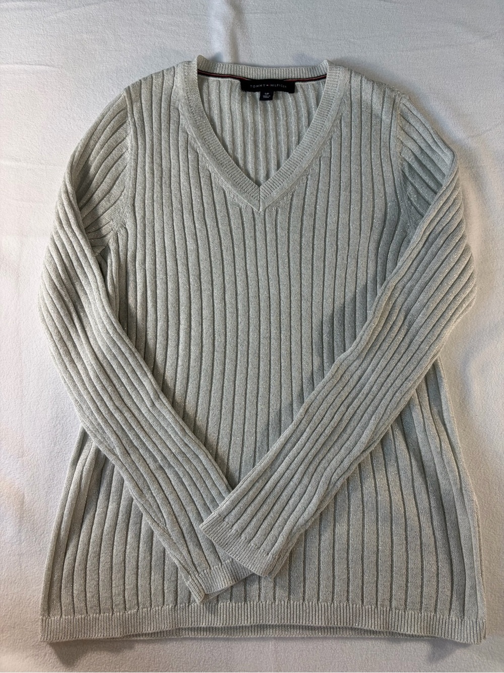 Tommy‎ Hilfiger Women's Ribbed V-Neck Sweater in Light Gray